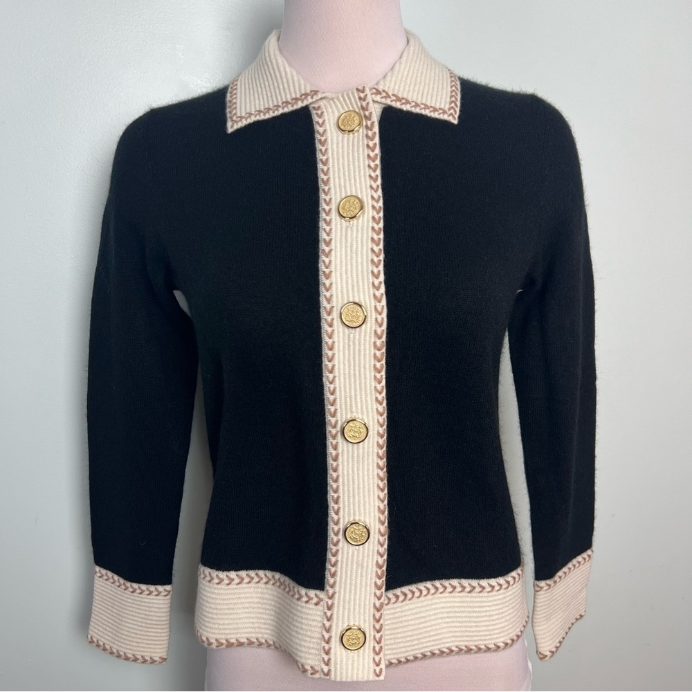 C By Bloomingdale’s 100% 2-Ply Cashmere Black & Cream Gold Button Cardigan XS
